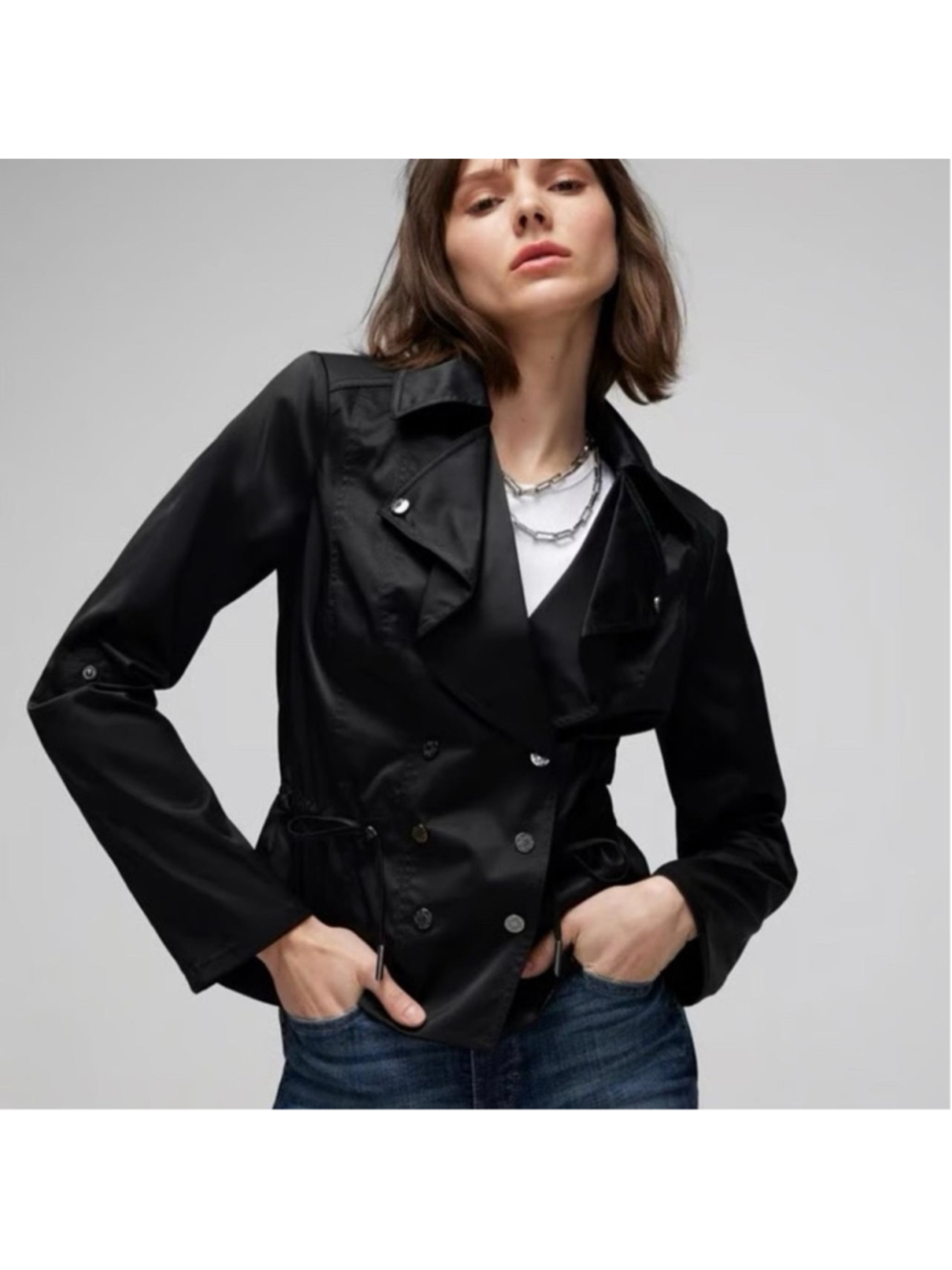 White House Black Market Satin Drape Moto Trench Jacket Size:6 Adjustable Waist